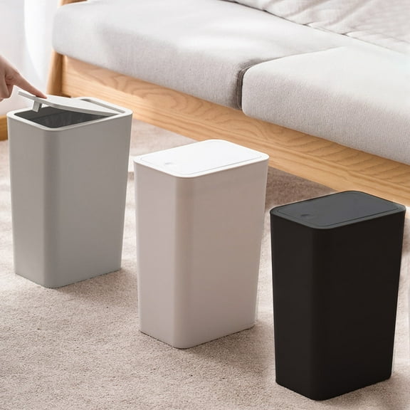 Small Press Lid Trash Can with Pop-Up Lid | 1.3 Gallon Plastic Wastebasket for Bathroom, Office, Bedroom | Slim Design Space-Saving Garbage Bin | Black, White, Gray Color Options