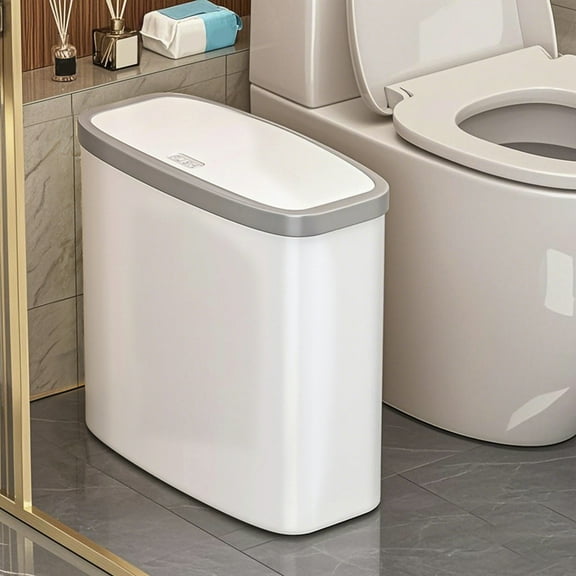 Small Press Lid Trash Can, White Plastic Bathroom Wastebasket with Odor Locking Lid, 10.83x10.83x5.51 Inch, for Toilet, Office, Bedroom, Living Room, 1 Count