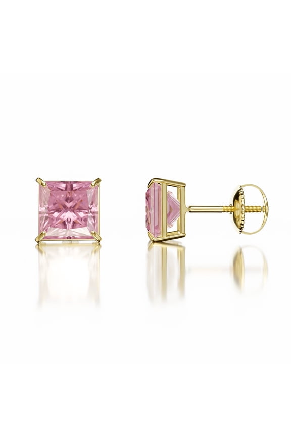 Small Princess Cut Pink Cz Women's Yellow Gold Plated 925 Sterling Silver CZ Stud Screw Back Earrings