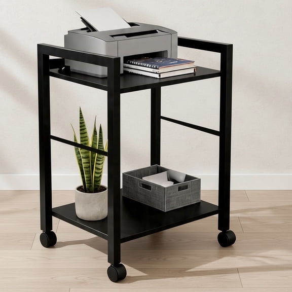 Small Printer Stand with Storage, 2-Tier Minimalist Printer Table, Rolling Cart for Home Office, Fits Small Desktop Printers, Scanner, Fax Machine, Black