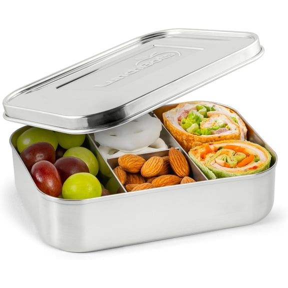 Small Protein Packer Bento Box - Extra Small Divided Stainless Steel Snack Container - 4 Sections for 1-2oz of Nuts, Meat, Cheese, Finger Foods - Dishwasher Safe - Stainless Lid