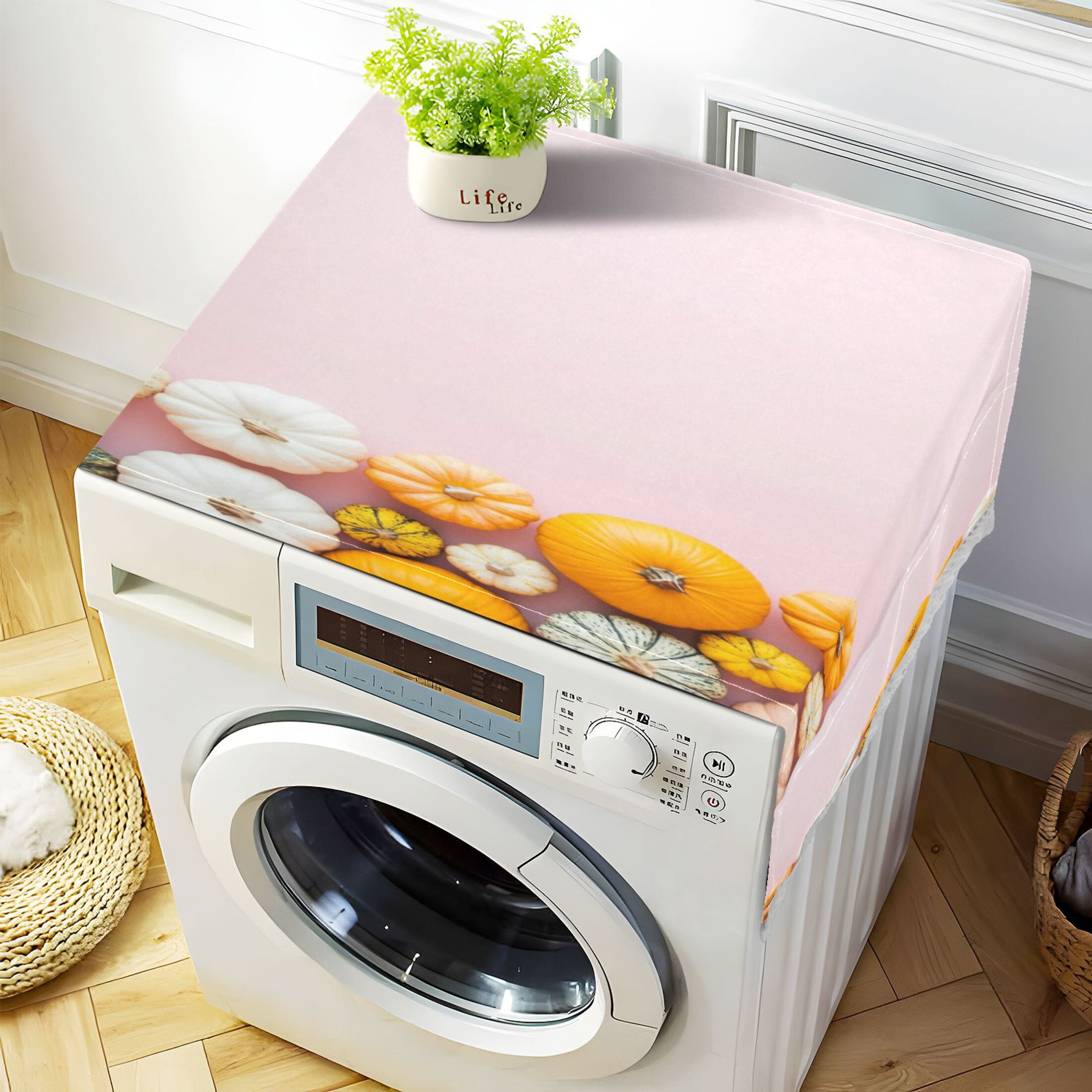 Small PumpkinsWasher and Dryer Covers Dust-Proof and Oil Resistant Fridge Cover with 4 Storage Pockets Washing Machine Top Cover for Laundry Kitchen Home 51.2 x 22 In