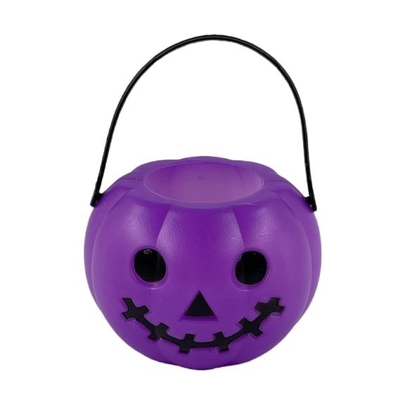 Small Purple Devil Pumpkin Bucket – Halloween Plastic Candy Pail with Devilish Details