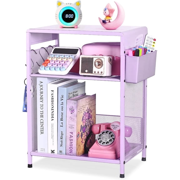 Small Purple Side Table, 3-Tier Kids Nightstand with Adjustable Storage, Functional Bedside Table for Toddlers, Great for Nursery, Bedroom & Office