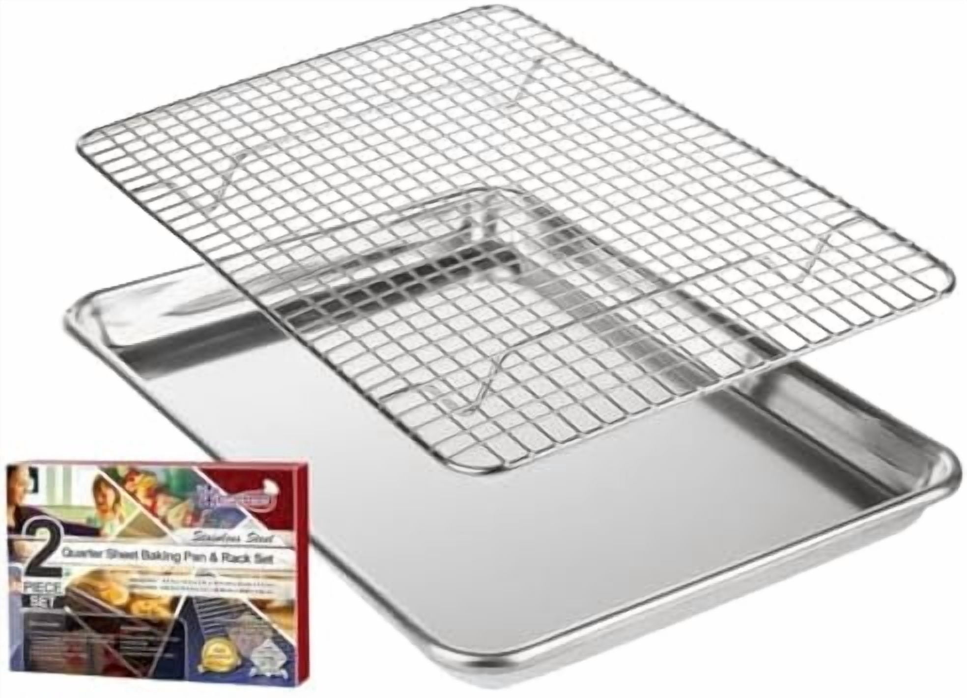 Small Quarter Sheet Baking Pan with Rack, Stainless Steel Baking Rack & Aluminum Cookie Sheet Baking Pan Toast Oven Tray w/Cooling Rack, 1/4 Sheet Pan & Wire Rack Set - 9.6" x 13" IN Pan