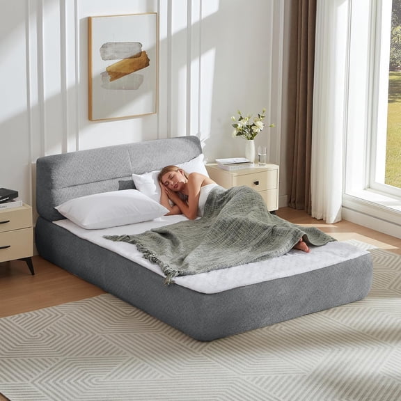 Small Queen Compress Bed, Memory Foam Mattress in a Box, Upholstered Queen Platform Bed Frame with Headboard, No Assembly, Medium Firm Support, Chenille Fabric for Bedroom, Dark Grey