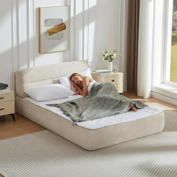 Small Queen Compress Bed, Memory Foam Mattress in a Box, Upholstered Queen Platform Bed Frame with Headboard, No Assembly, Medium Firm Support, Chenille Fabric for Bedroom, Light Khaki