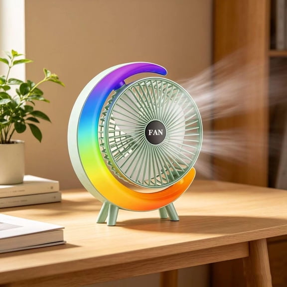 Small Quiet Desk Fan Rechargeable, Portable USB Table Fan with 5 Light Modes, 3-Speed 180? Rotation, Mini Desktop Personal Cooling Fans For Office Bedroom Kitchen Camping Dorm, Green-B