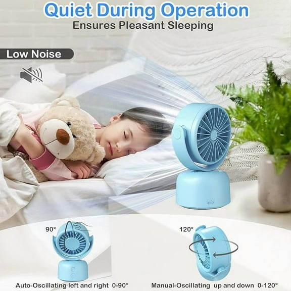 Small Quiet Desktop Fan, 3 Speeds Oscillating Fan with Auto 90° Rotate & Manual 120° Tilt Head, 0.72 Lb USB-C Corded Powered Mini Desk Fan for Outdoor Indoor Office Bedroom Travel (blue）)