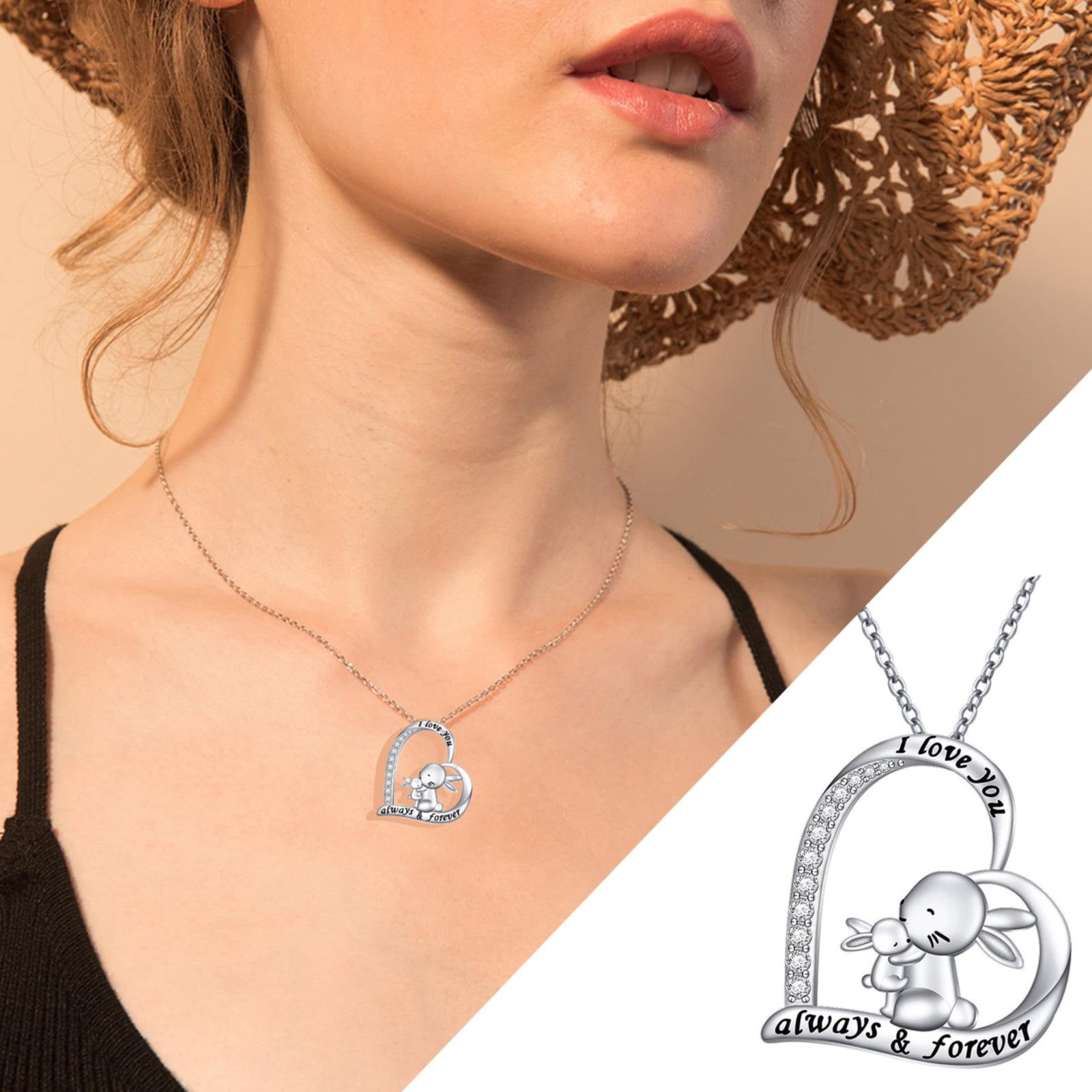 Small Rabbit Animal Clavicle Chain Heart Encrusted Lettering Day