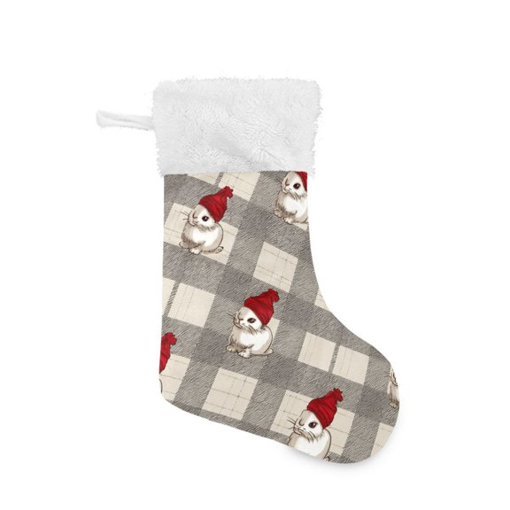 Small Rabbit with Christmas Hat Plaid Christmas Stockings Large Capacity 18 inch Gift Bag with Hook Xmas Holiday Decor 1 Pack