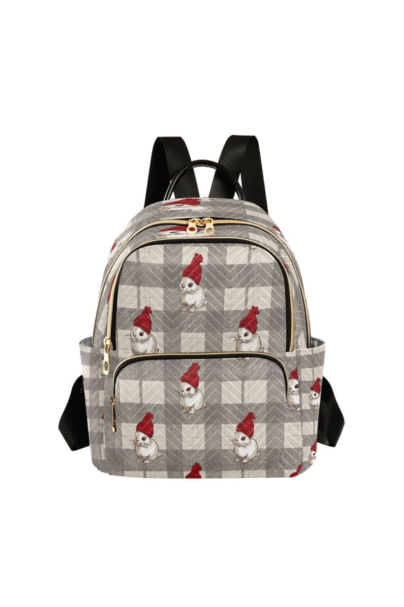 Small Rabbit with Christmas Hat Plaid Quilted Backpack Fashion Daypack Commuter Bag for Women 8.5 L