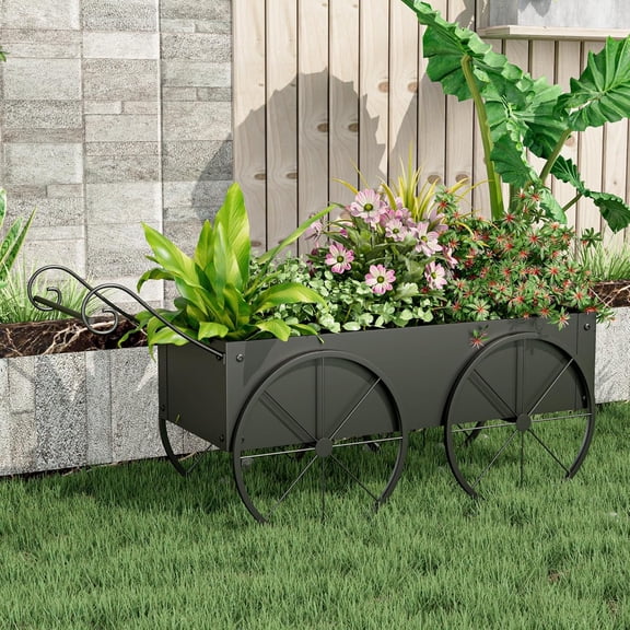Small Raised Garden Bed Outdoor with Wagon Wheels, Metal Wagon Planter Box, Decorative Garden Planter for Flowers Herbs Vegetables, Flower Cart for Patio, Balcony (Black)