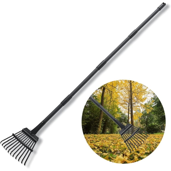 Small Rake for Gardening 63 Inch Adjustable Heavy Duty Garden Leaf Rakes Tools 11 Metal Tines Shrub Flower Bed Mulch Camping, Black