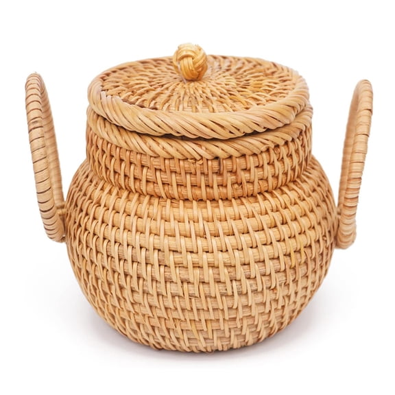 Small Rattan Basket with Lid,Happon Hand-Woven Wicker Basket Bin, Basket Organizer with Handle,Rattan Snacks Basket,Rustic Woven Basket for Shelf Table Office Decor