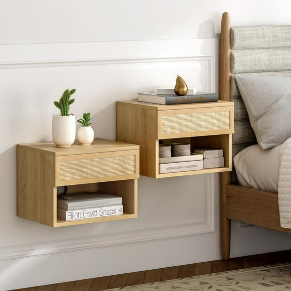 Small Rattan Floating Nightstands with Drawer Set of 2, Wall Mounted Night Stand with Open Compartment Modern Wooden Bedside Table Storage Cabinet for Bedroom, Entryway Natural Oak