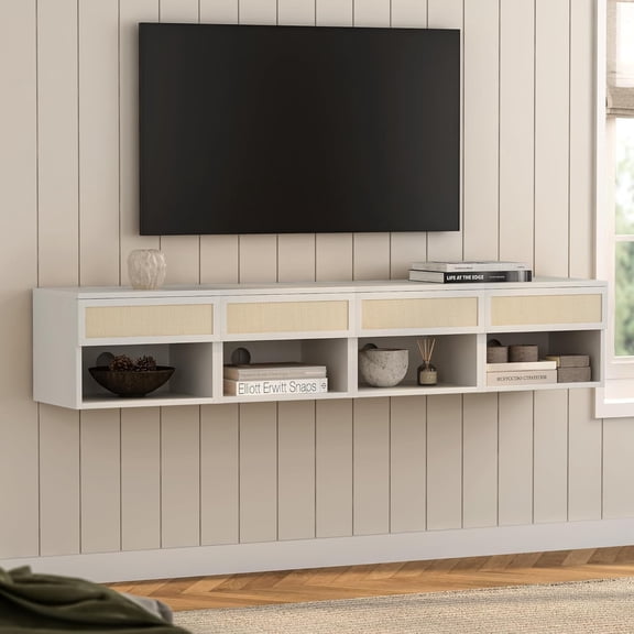 Small Rattan Floating Nightstands with Drawer Set of 4, Wall Mounted TV Stands with Open Storage Modern Night Stand Wooden Bedside Table for Bedroom, Entryway Antique White