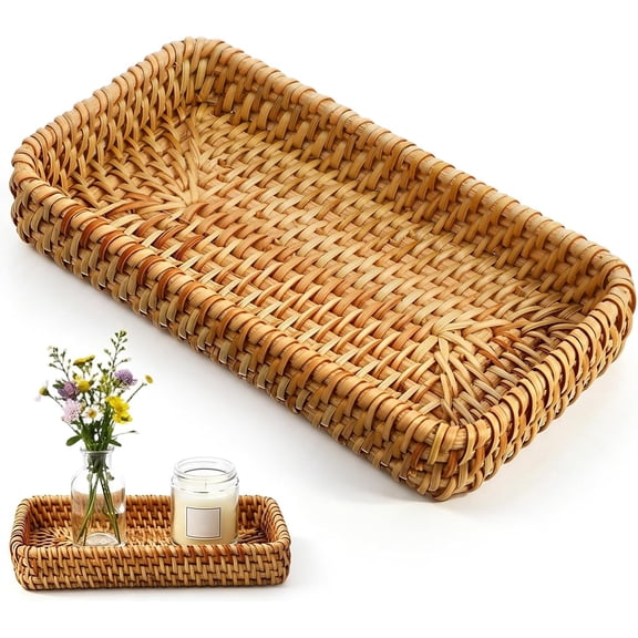 Small Rattan Serving Tray for Keys, Natural Wicker Decorative Tray Handwove | Vanity Storage Basket for Trinkets Rings Cosmetics Small Remote Basket for Entryway Table Coffee Living Room(8.1"4.3")