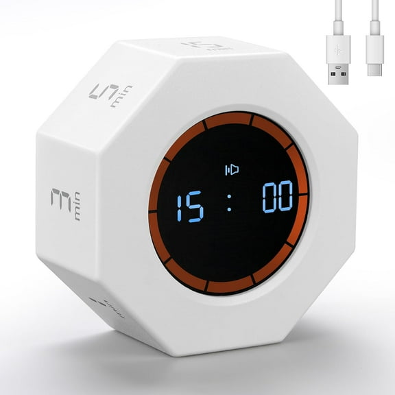 Small Rechar able Pomodoro Timer, Gravity Sensor Auto-Rotating 7 Preset Times (1/3/5/15/30/60/90 min) & Count Up Mode, Digital Kitchen for Cooking, Work and Study (Pearl White)