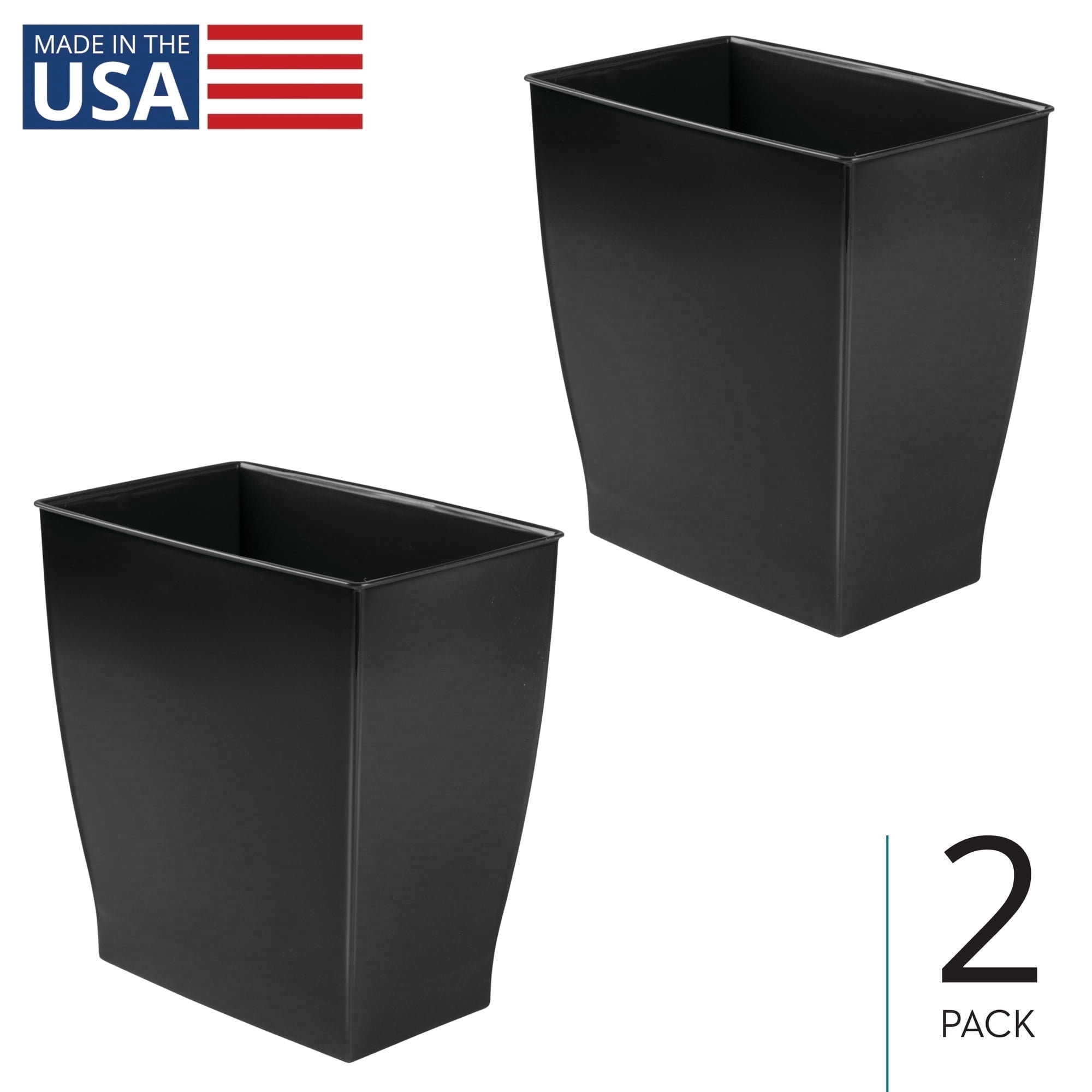 iDesign Bathroom Vanity Trash Can, 2.5 Gallon Plastic Rectangular Open Top Garbage Bin, 2 Pack, Black