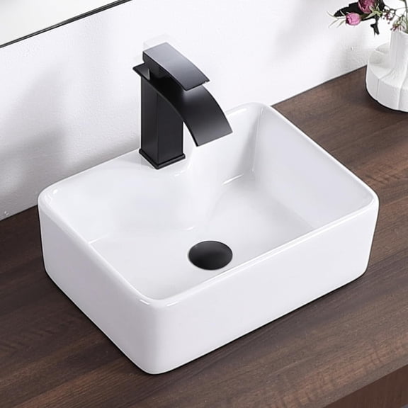 Small Rectangular Vessel Sink 16"x12" with Faucet Hole White Porcelain Ceramic