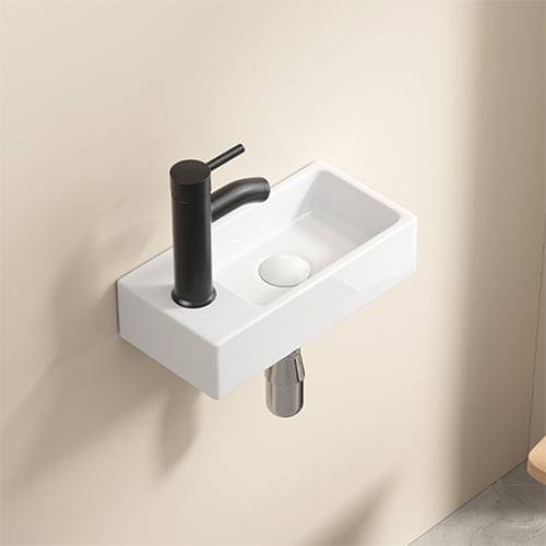 Small Rectangular Wall Hung Basin Sink, 14x7x3 Inch Vitreous China Cloakroom Wash Basin, White High Gloss Glaze, Left Hand Tap Hole, Without Tap & Drain