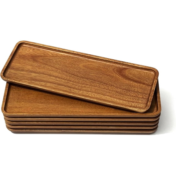 Small Rectangular Wooden Mini Tray 11.3 x 4.1 Inch 6 Pack Acacia Wood Serving Tray for Coffee Table Dessert Snack Fruit Vegetable Decor