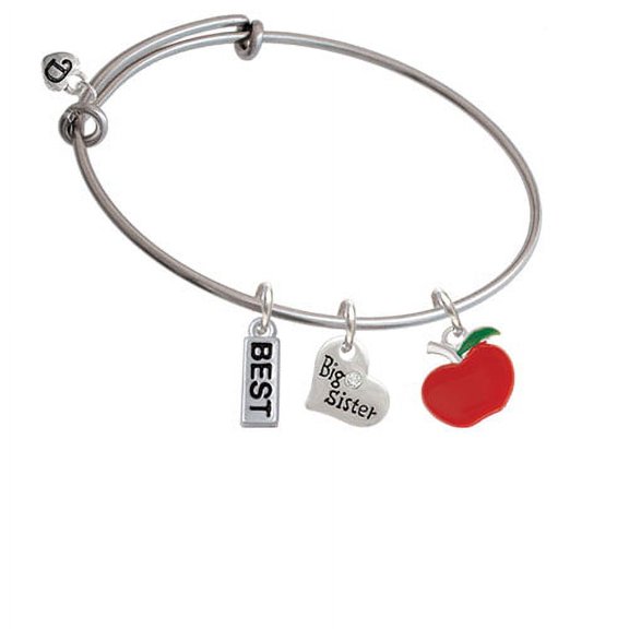 Small Red Apple Big Sister Heart Expandable Bangle Bracelet