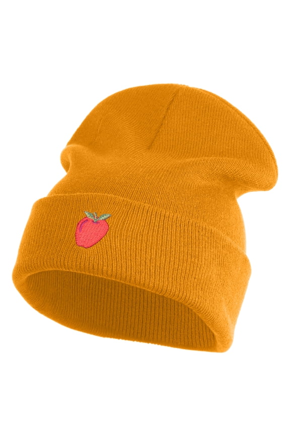 Small Red Apple with Stem iron on Embroidered Patched 12 Inch Long Knitted Beanie - Camel OSFM