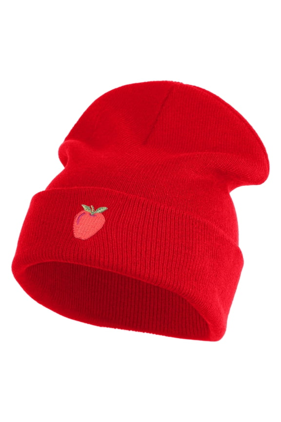 Small Red Apple with Stem iron on Embroidered Patched 12 Inch Long Knitted Beanie - Red OSFM