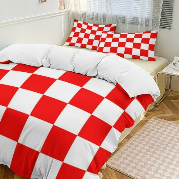 Small Red White Check Motorsport Race Flag Checkered 3D Set Duvet Cover Quilt Cover Theme for Twin Size