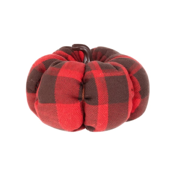 Small Red and Black Plaid Fabric Pumpkin Decoration with Dark Hobby, Red and Black Checkered, for Fall Harvest Halloween Thanksgiving, Home Decor