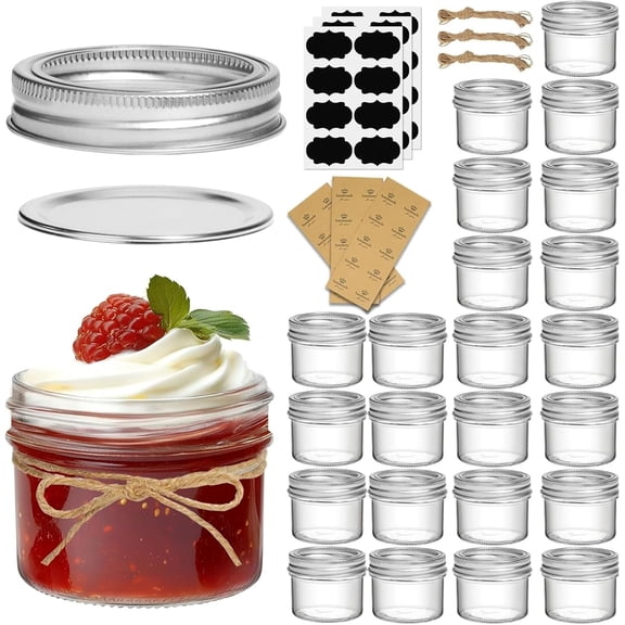 Small Regular Mouth Mason Jars Bulk 4oz 24PCX Mini Mason Containers, Small Canning Jars, 4 oz Glass Jar with Lids for Mustards, Dipping Sauces, Jelly, DIY Candle Decor, Wedding Shower Favors