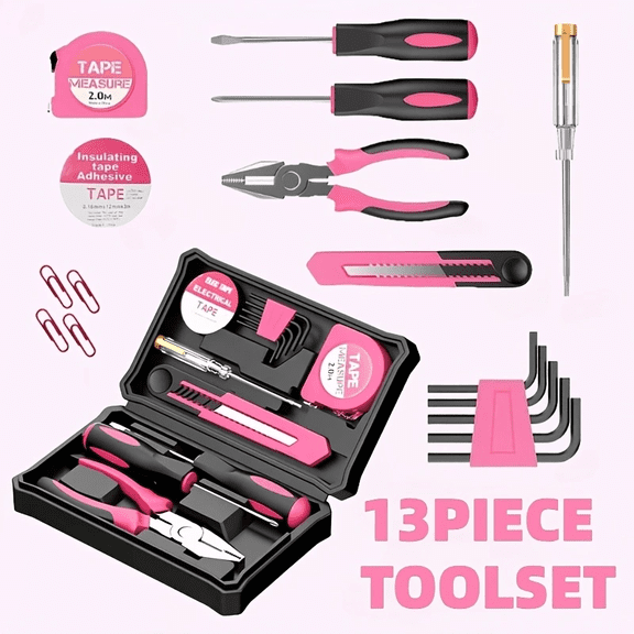 13-piece pink home tool set with storage box, including tape measure, pliers, screwdriver, utility knife and hex wrench, suitable for DIY, apartments and dormitories