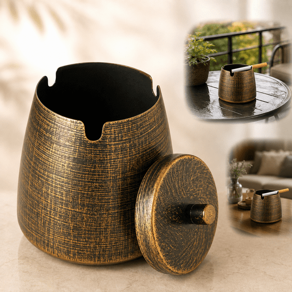 Small Retro Odorless Ashtray with Lid for Cigarettes Outdoor Rainproof,Metal Decorative Ashtray for Patio Outside Home Indoors Table Decor,Copper
