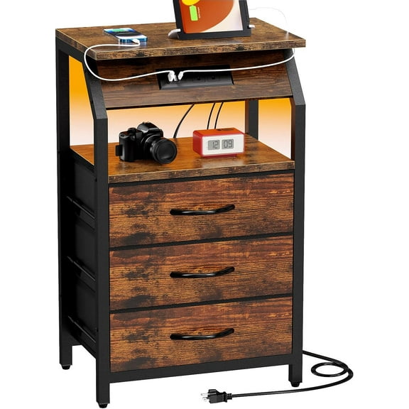 Small Retro Rustic Brown Side Table with Charging Station, RGB LED Lights, and 3 Fabric-Storage Drawers