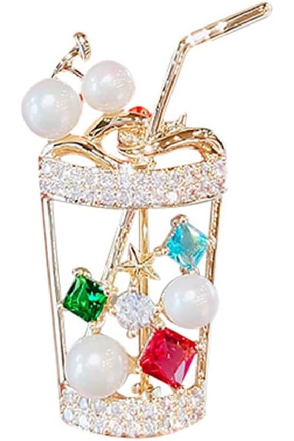 Small Rhinestone Pearls Milk Tea Cup Brooch Pins for Women Gold-Toned Cute Shell Pearl Crystal Bubble Tea Cup Brooches Lapel Pin Shawl Scarf Dress Accessories Chic Wedding Party Jewelry