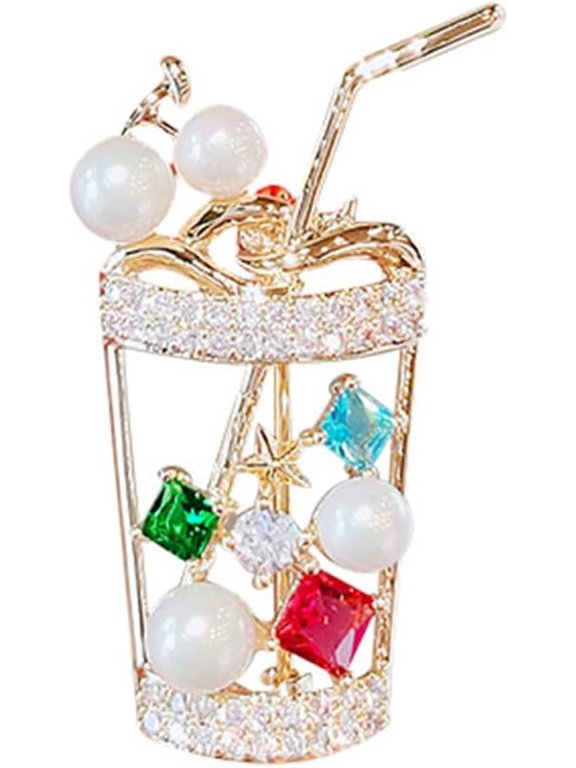 Small Rhinestone Pearls Milk Tea Cup Brooch Pins for Women Gold-Toned Cute Shell Pearl Crystal Bubble Tea Cup Brooches Lapel Pin Shawl Scarf Dress Accessories Chic Wedding Party Jewelry