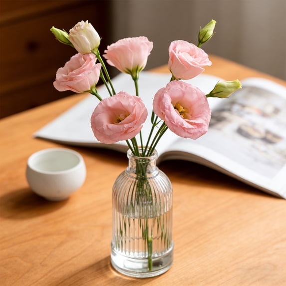 Small Ribbed Glass Vase, Decorative Textured Buds Vase for Table Centerpieces, Modern Clear Floral Container for Living Room and Office Decor, SouMaox