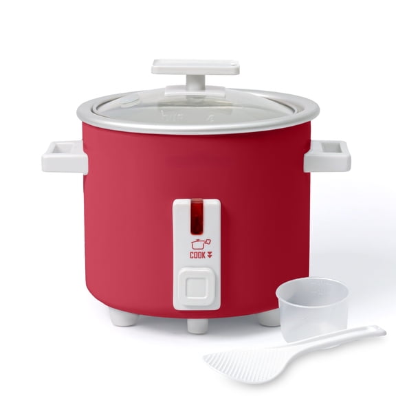 Small Rice Cooker, 1.5 Quart Mini Non-Stick Coated Insert Food Steamer and Dishwasher-Safe Glass Lid and Pot, Red