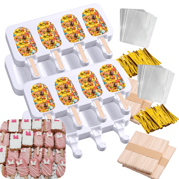 Small Rice Snacks Molds with hole for Rice Krispies Treats Baking, 4pcs 4-Cavity rice Cereal Bars Trays with 200 PCS sticks for Crispy Treat Making, Candy Making Supplies for Chocolate Mould