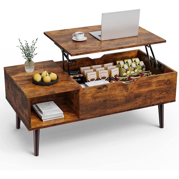 Small Rising Wooden Center Tables with Storage Shelf and Hidden Compartment, Brown | Lift Top, Coffee Tables, for LivingRoom, Rising, Dining Center Tables, with Storage Shelf
