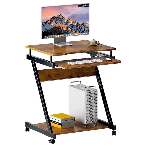 Small Rolling Computer Desk, Z Shape Laptop Desk Cart on Wheels, Mobile Computer Workstation for Home and Office with Keyboard Tray, Rustic Brown