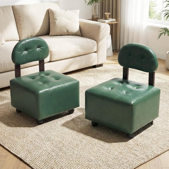 Small Rolling Footrest Stools Set of 2, Modern Square Upholstered Ottoman with Backrest and Lockable Wheels, Portable Mini Shoe Foot Stools for Bedroom, Living Room, 330 LBS Max Load