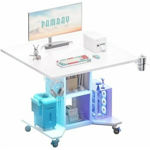 Small Rolling Gaming Desk with Led Lights Power Outlets and Storage Pegboard, Small Spaces Compact PC Computer Table White
