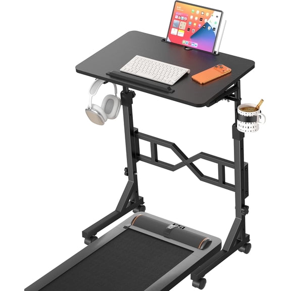 Small Rolling Standing Desk with Adjustable Height 29.5 to 45.3 Inches Portable Treadmill Desk with Cup Holder and Hook Black