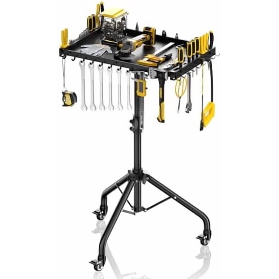 Small Rolling Tool Cart Adjustable Height with Magnetic Strip and Hooks, Portable Work Table with Wheels, Folding Work Table for Garage Rolling Tool Tray Mobile Workbench for Bike Workshop