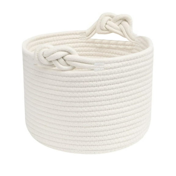 Small Rope Basket with Handles Woven Storage Basket for Organizing Cute Round Decorative Box for Shelf Snack Storage Living Room Bedroom Toys 11.8 x 7 Inch