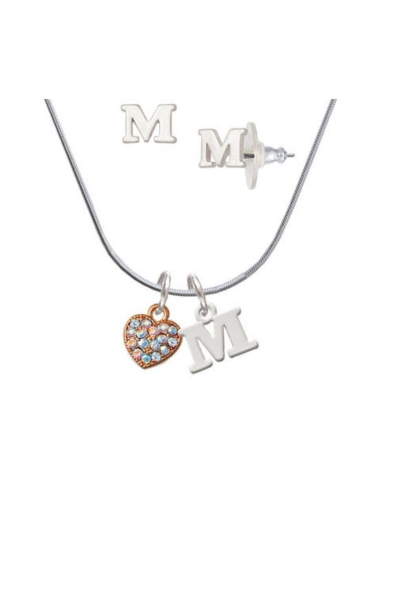 Small Rose Gold Tone Heart with Clear AB Crystals - M Initial Charm Necklace and Stud Earrings Jewelry Set