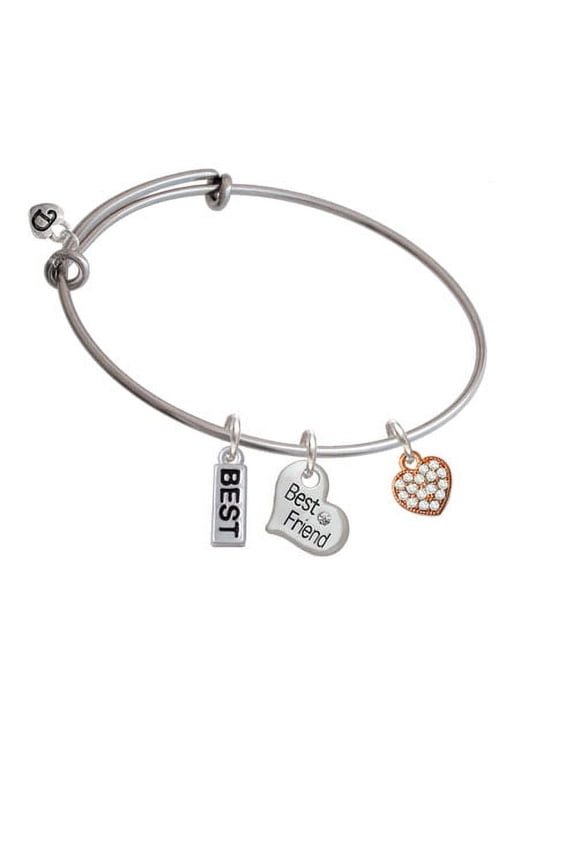 Small Rose Gold Tone Heart with Clear Crystals Best Friend Heart Expandable Bangle Bracelet